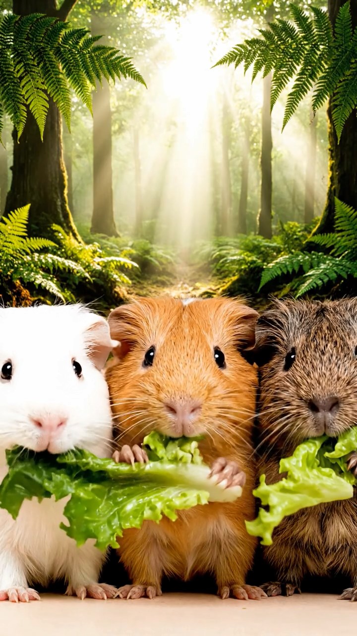 2101. A realistic close up photo of 3 smooth haired American guinea pigs with white. orange. and gray fur. eagerly munching on fresh lettuce leaves. in a misty ancient woodland glade with towering ferns and sunlight shafts piercing the canopy.
