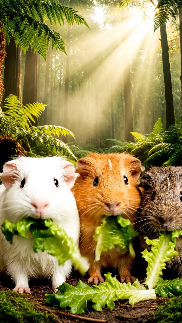 2101. A realistic close up photo of 3 smooth haired American guinea pigs with white. orange. and gray fur. eagerly munching on fresh lettuce leaves. in a misty ancient woodland glade with towering ferns and sunlight shafts piercing the canopy.