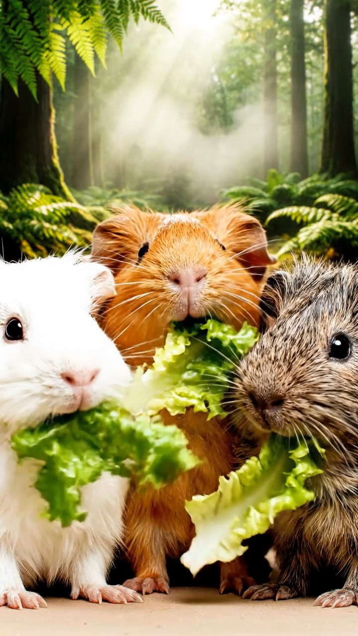 2101. A realistic close up photo of 3 smooth haired American guinea pigs with white. orange. and gray fur. eagerly munching on fresh lettuce leaves. in a misty ancient woodland glade with towering ferns and sunlight shafts piercing the canopy.