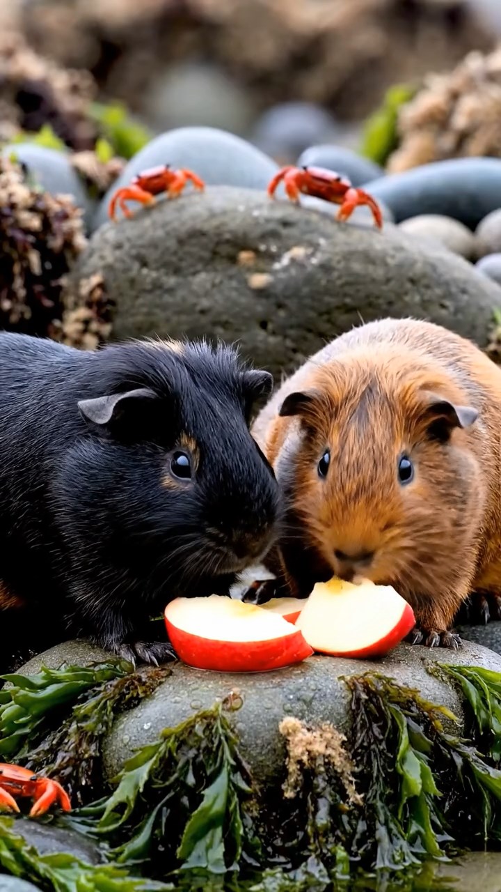 2102. Highly detailed realistic image of 2 smooth haired Abyssinian guinea pigs featuring black and brown coats. nibbling on apple slices. on a rocky tidal pool shore with seaweed and crabs scuttling under overcast skies.