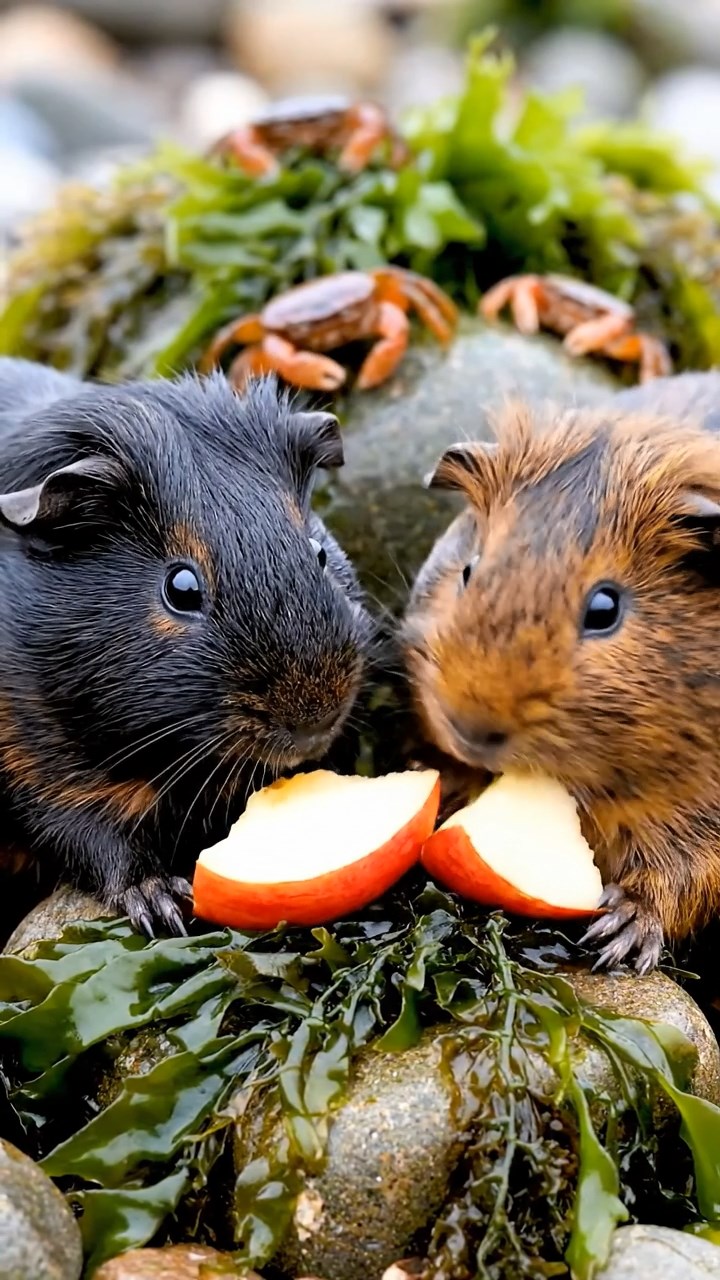 2102. Highly detailed realistic image of 2 smooth haired Abyssinian guinea pigs featuring black and brown coats. nibbling on apple slices. on a rocky tidal pool shore with seaweed and crabs scuttling under overcast skies.