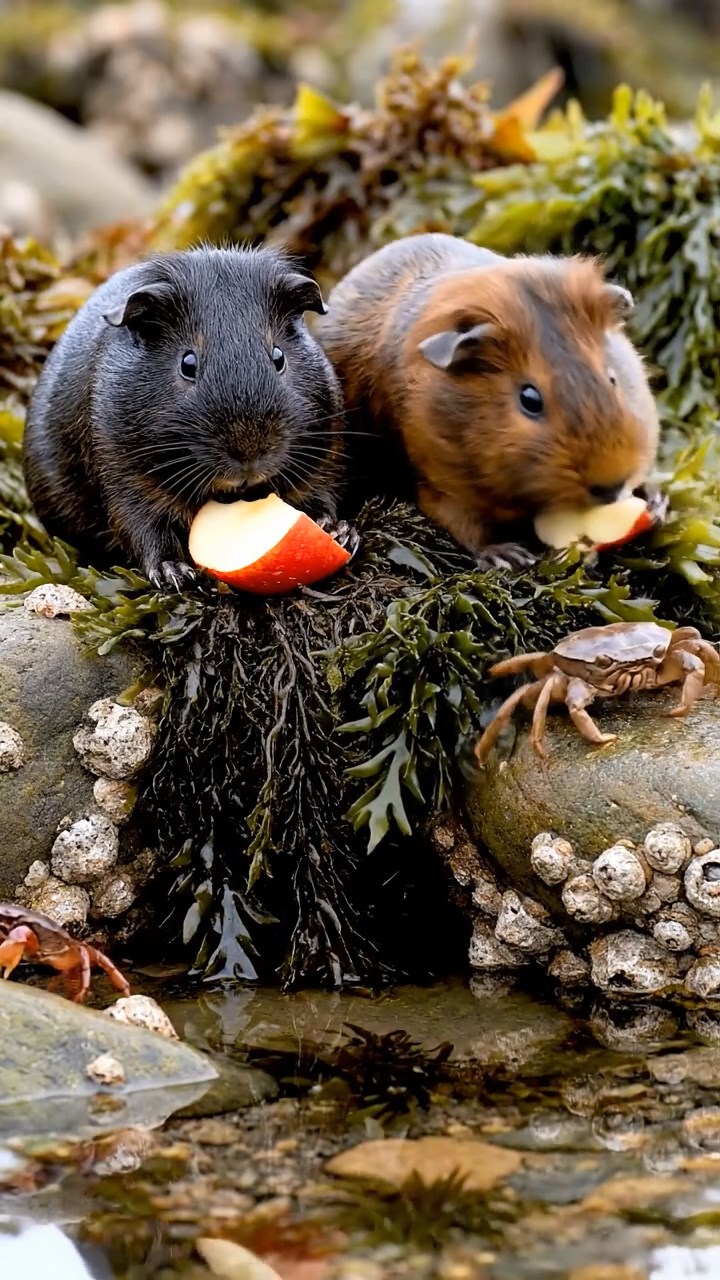 2102. Highly detailed realistic image of 2 smooth haired Abyssinian guinea pigs featuring black and brown coats. nibbling on apple slices. on a rocky tidal pool shore with seaweed and crabs scuttling under overcast skies.