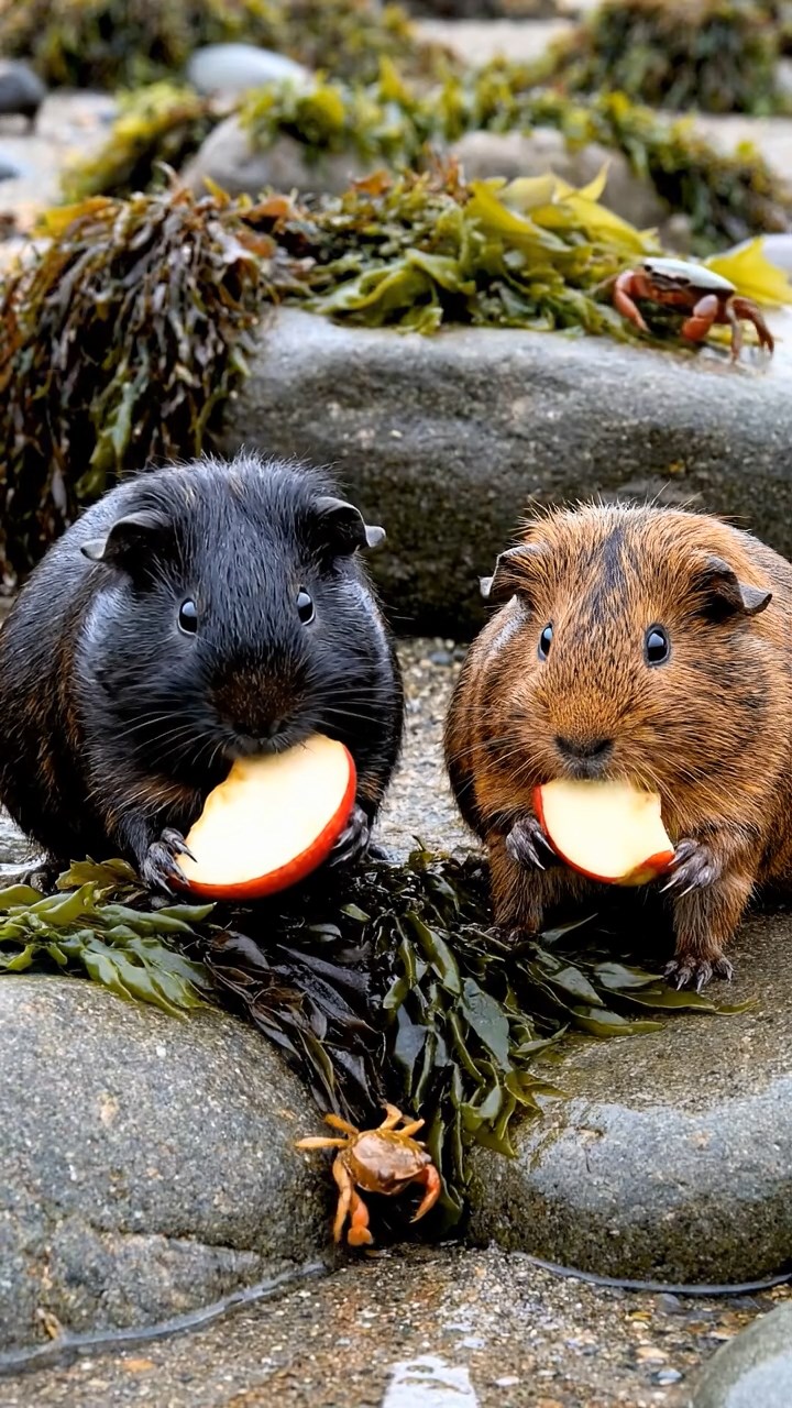 2102. Highly detailed realistic image of 2 smooth haired Abyssinian guinea pigs featuring black and brown coats. nibbling on apple slices. on a rocky tidal pool shore with seaweed and crabs scuttling under overcast skies.