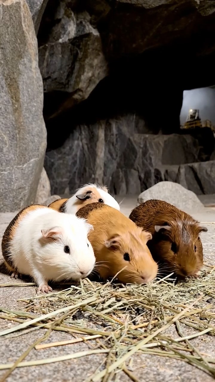 2103. Photorealistic scene of 4 smooth haired Peruvian guinea pigs with cream. fawn. and chocolate fur. eating dried timothy hay. inside a echoing granite quarry cave with jagged walls and distant machinery hum.