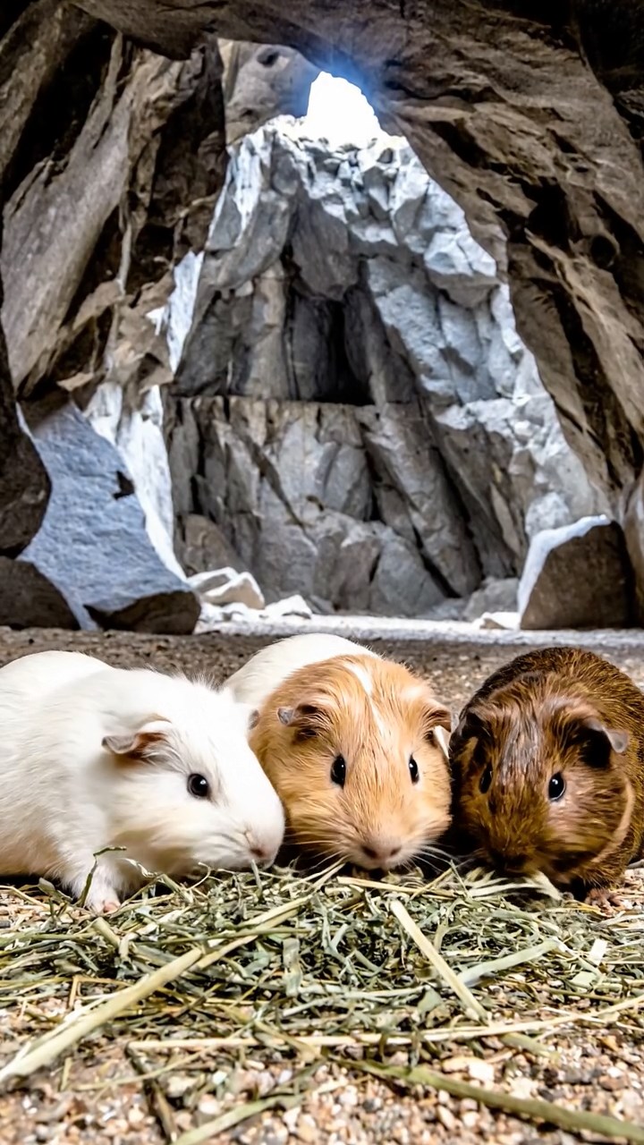 2103. Photorealistic scene of 4 smooth haired Peruvian guinea pigs with cream. fawn. and chocolate fur. eating dried timothy hay. inside a echoing granite quarry cave with jagged walls and distant machinery hum.