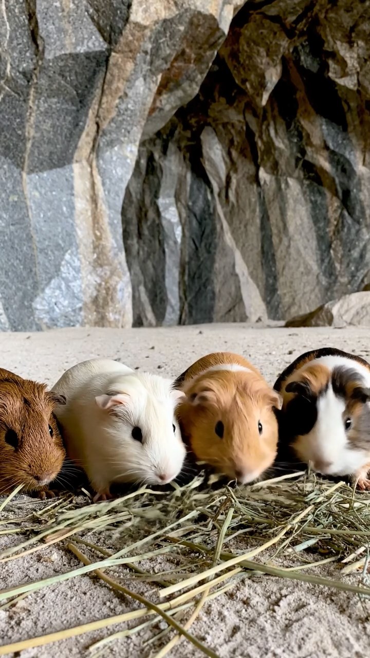 2103. Photorealistic scene of 4 smooth haired Peruvian guinea pigs with cream. fawn. and chocolate fur. eating dried timothy hay. inside a echoing granite quarry cave with jagged walls and distant machinery hum.
