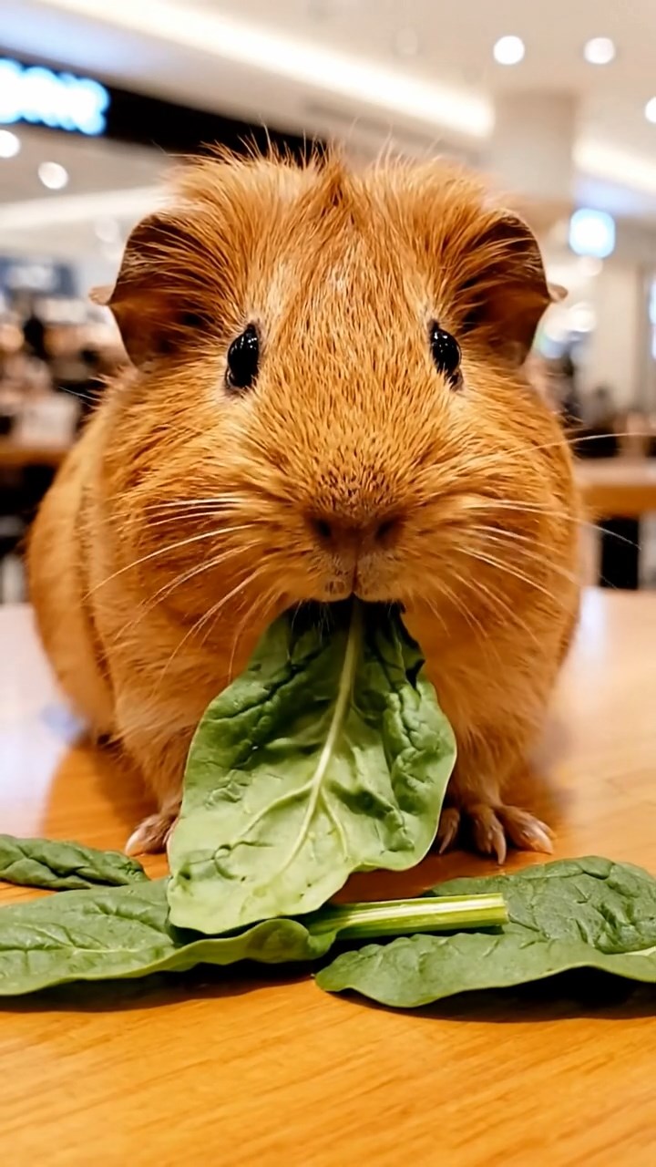 2104. Realistic depiction of 1 smooth haired Silkie guinea pig with cinnamon fur. chewing on spinach leaves. in a upscale mall food hall with polished tables and ambient chatter.