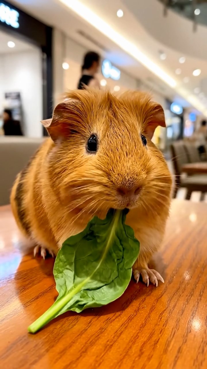 2104. Realistic depiction of 1 smooth haired Silkie guinea pig with cinnamon fur. chewing on spinach leaves. in a upscale mall food hall with polished tables and ambient chatter.