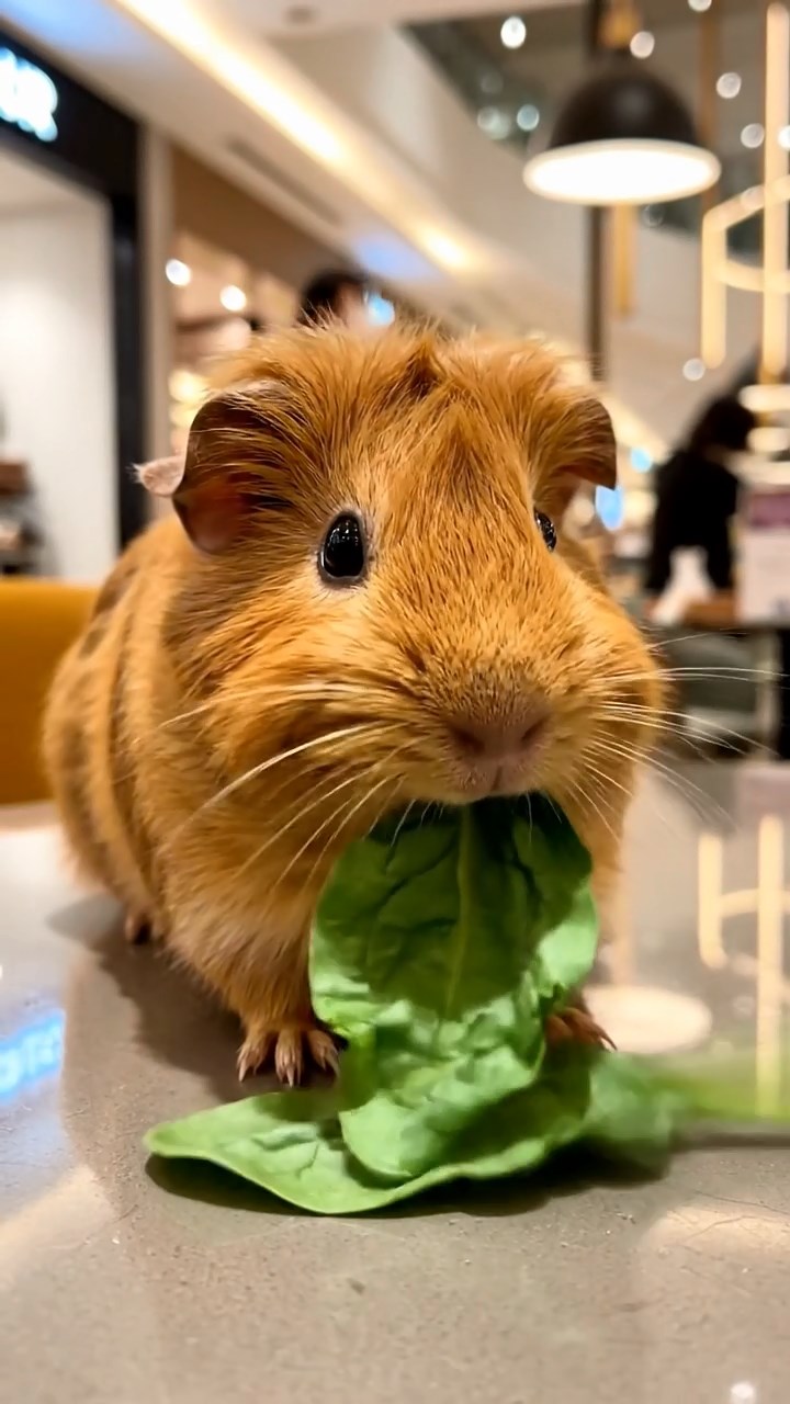 2104. Realistic depiction of 1 smooth haired Silkie guinea pig with cinnamon fur. chewing on spinach leaves. in a upscale mall food hall with polished tables and ambient chatter.