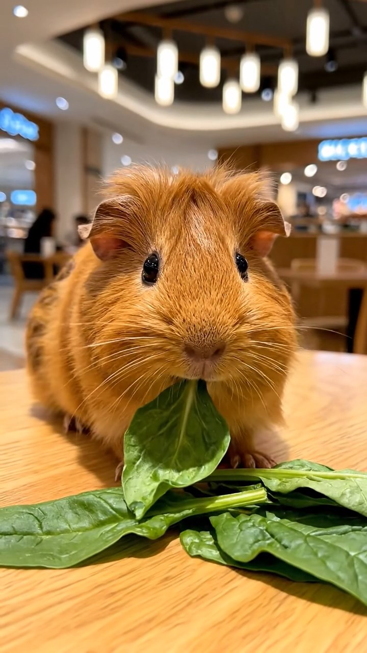 2104. Realistic depiction of 1 smooth haired Silkie guinea pig with cinnamon fur. chewing on spinach leaves. in a upscale mall food hall with polished tables and ambient chatter.