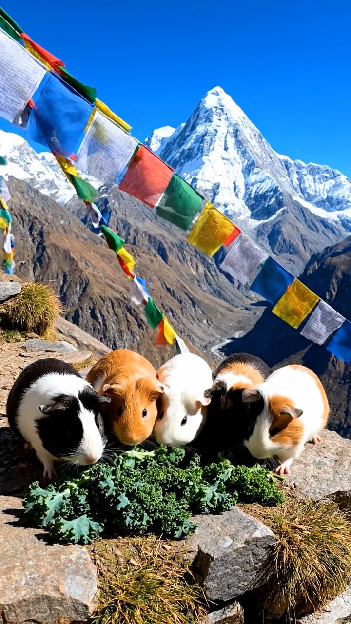 2105. Detailed realistic photo of 5 smooth haired Teddy guinea pigs in sable. white. and orange colors. sharing kale greens. on a steep Himalayan trail ledge with prayer flags fluttering in the wind.