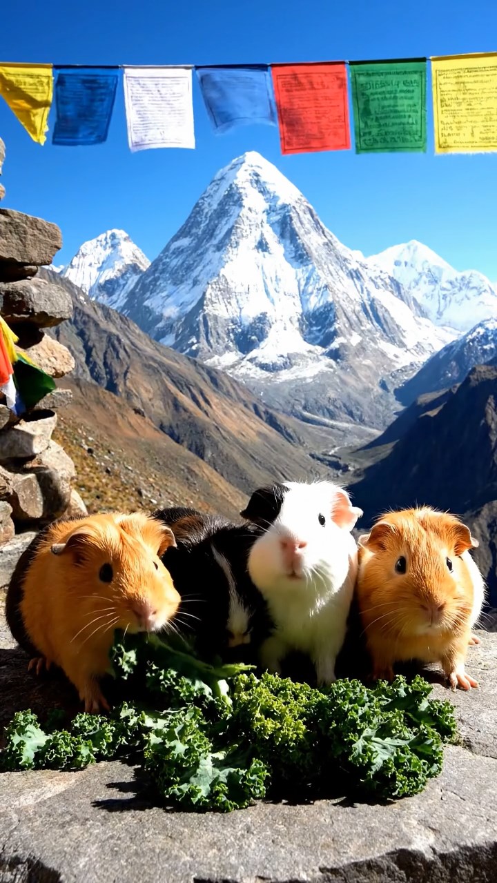 2105. Detailed realistic photo of 5 smooth haired Teddy guinea pigs in sable. white. and orange colors. sharing kale greens. on a steep Himalayan trail ledge with prayer flags fluttering in the wind.