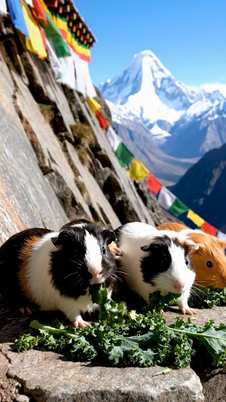 2105. Detailed realistic photo of 5 smooth haired Teddy guinea pigs in sable. white. and orange colors. sharing kale greens. on a steep Himalayan trail ledge with prayer flags fluttering in the wind.