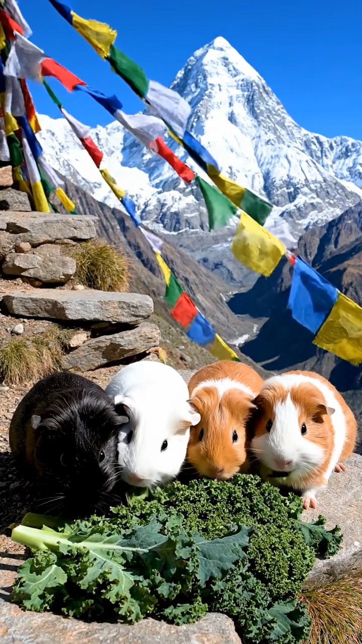 2105. Detailed realistic photo of 5 smooth haired Teddy guinea pigs in sable. white. and orange colors. sharing kale greens. on a steep Himalayan trail ledge with prayer flags fluttering in the wind.