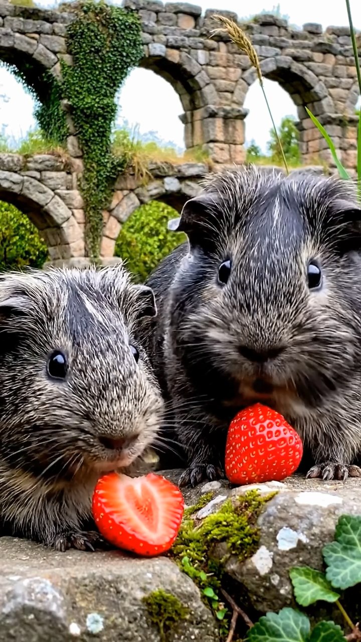 2106. Photorealistic view of 2 smooth haired Texel guinea pigs with gray and black fur. enjoying strawberry halves. amid crumbling Roman aqueduct ruins with ivy and wild grasses.