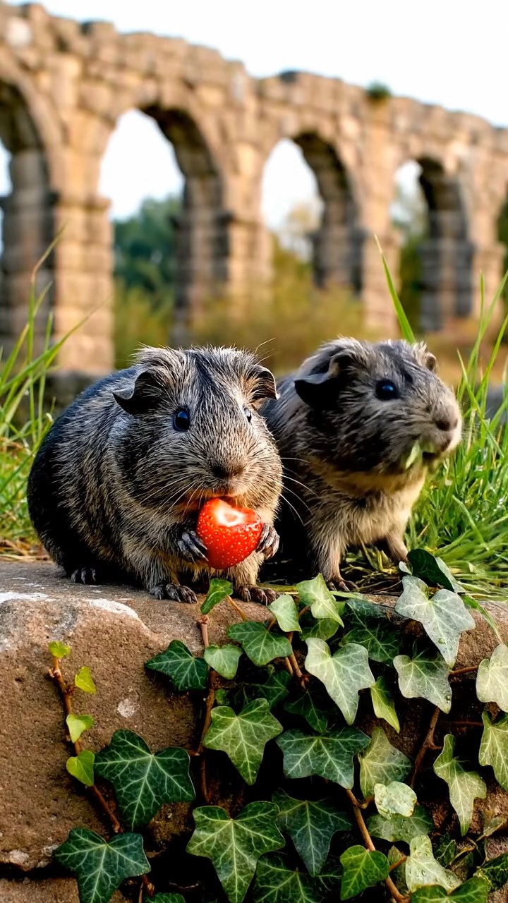 2106. Photorealistic view of 2 smooth haired Texel guinea pigs with gray and black fur. enjoying strawberry halves. amid crumbling Roman aqueduct ruins with ivy and wild grasses.