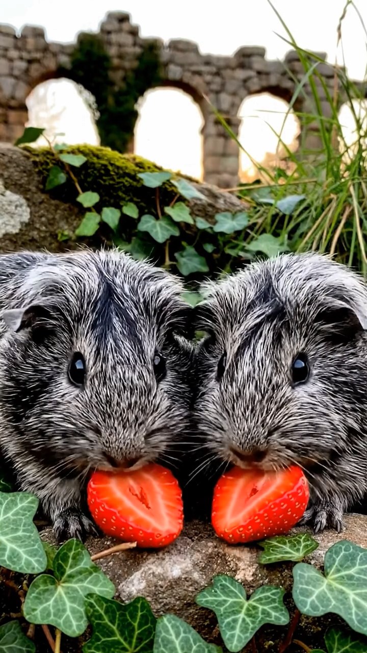 2106. Photorealistic view of 2 smooth haired Texel guinea pigs with gray and black fur. enjoying strawberry halves. amid crumbling Roman aqueduct ruins with ivy and wild grasses.