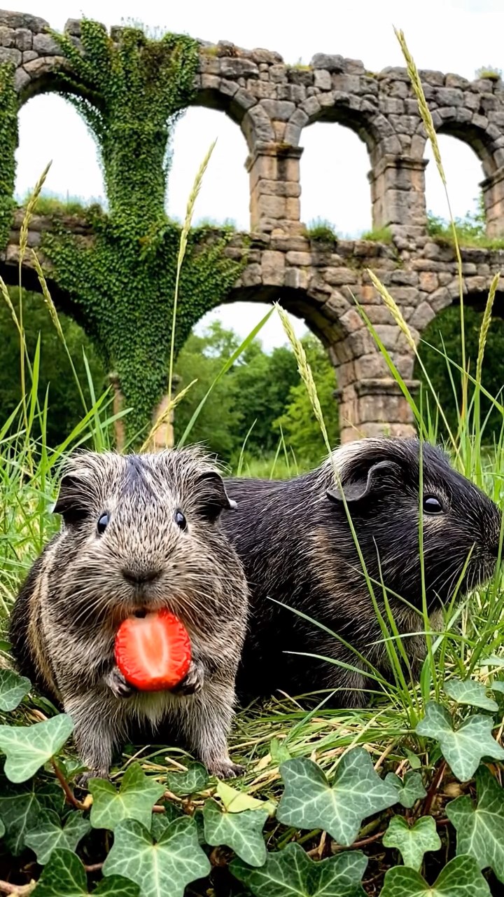 2106. Photorealistic view of 2 smooth haired Texel guinea pigs with gray and black fur. enjoying strawberry halves. amid crumbling Roman aqueduct ruins with ivy and wild grasses.