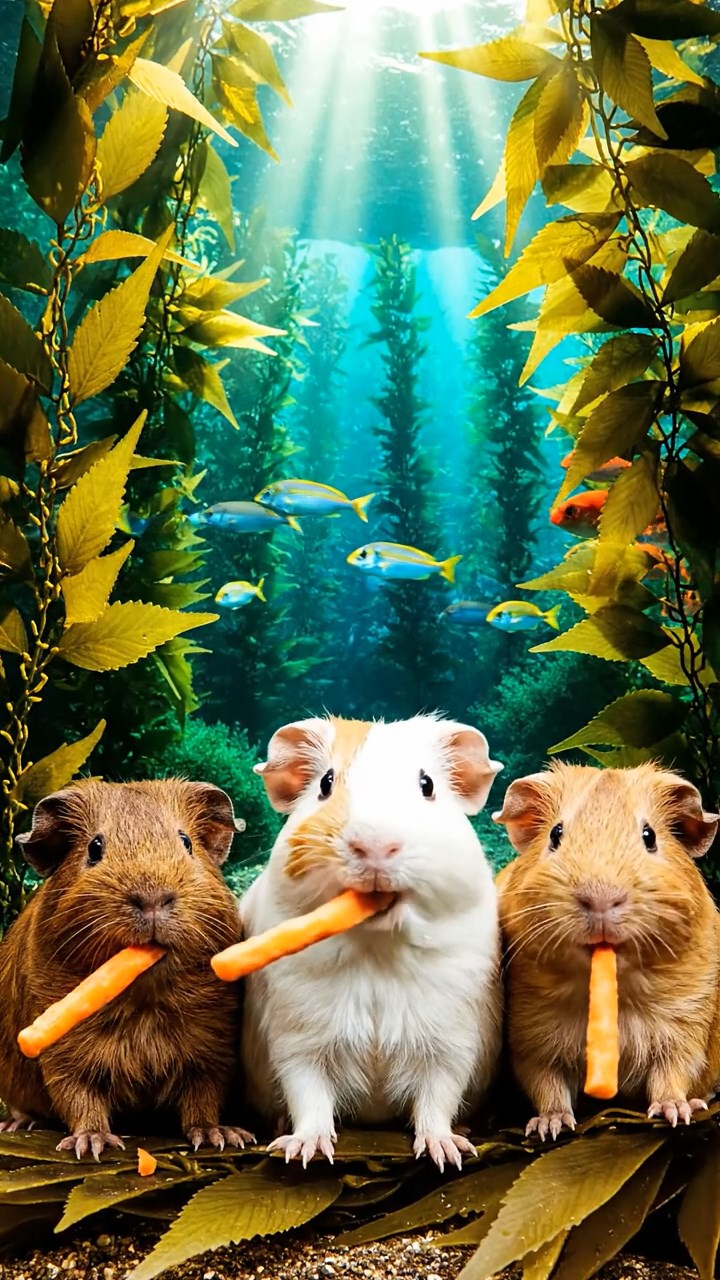 2107. Realistic image of 3 smooth haired Rex guinea pigs featuring brown. cream. and fawn coats. munching on carrot sticks. in a vibrant underwater kelp forest with swaying fronds and fish schools.
