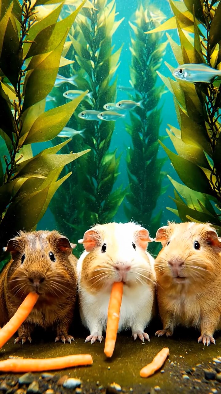 2107. Realistic image of 3 smooth haired Rex guinea pigs featuring brown. cream. and fawn coats. munching on carrot sticks. in a vibrant underwater kelp forest with swaying fronds and fish schools.