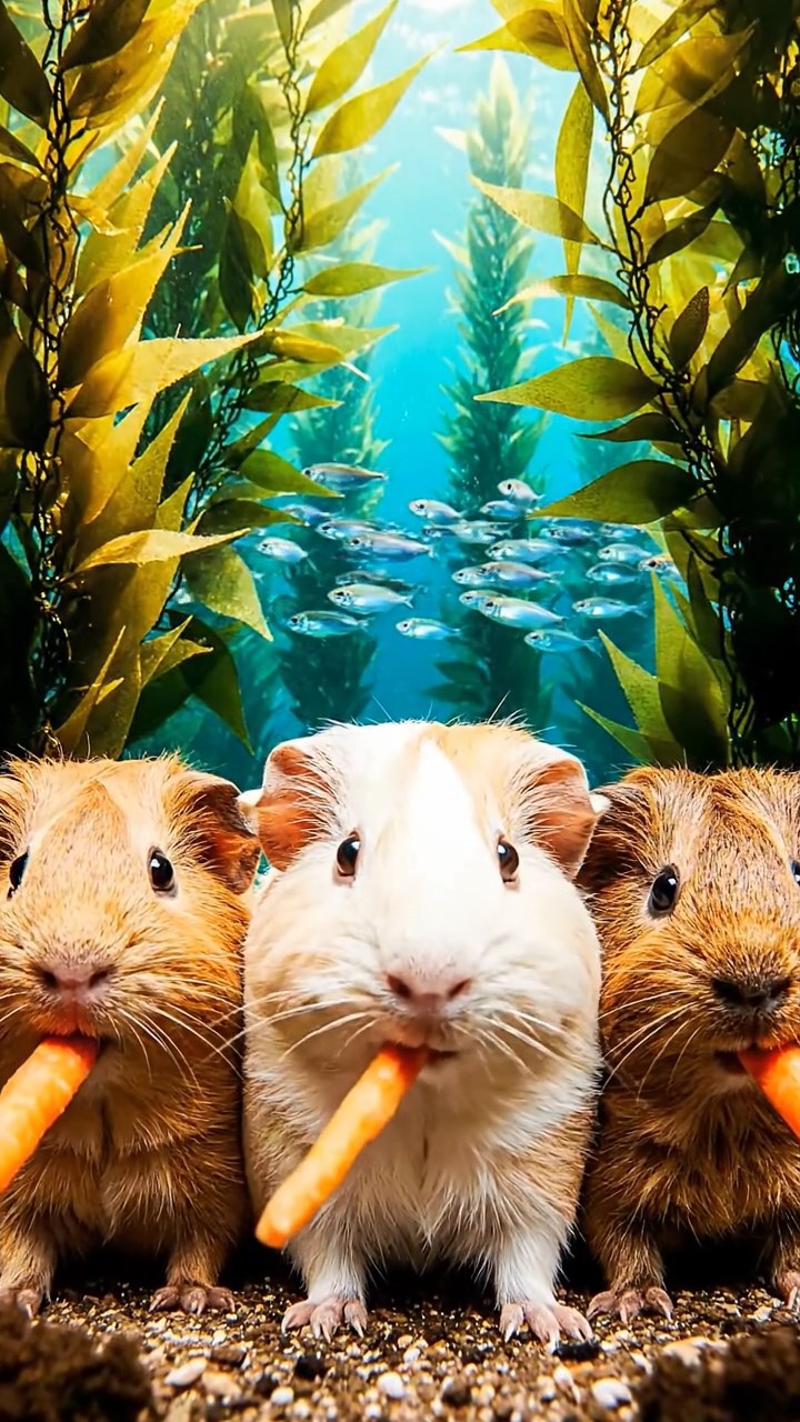 2107. Realistic image of 3 smooth haired Rex guinea pigs featuring brown. cream. and fawn coats. munching on carrot sticks. in a vibrant underwater kelp forest with swaying fronds and fish schools.