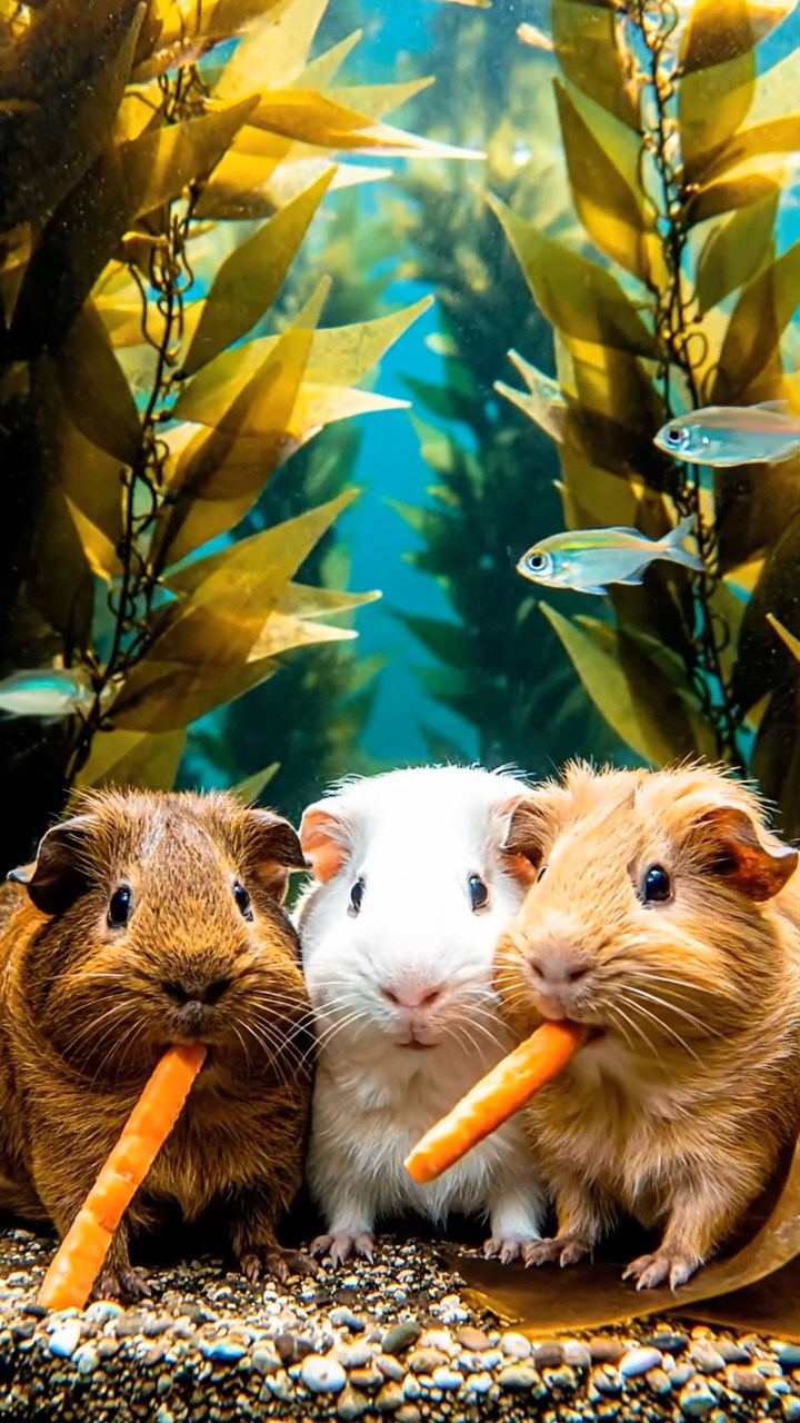 2107. Realistic image of 3 smooth haired Rex guinea pigs featuring brown. cream. and fawn coats. munching on carrot sticks. in a vibrant underwater kelp forest with swaying fronds and fish schools.