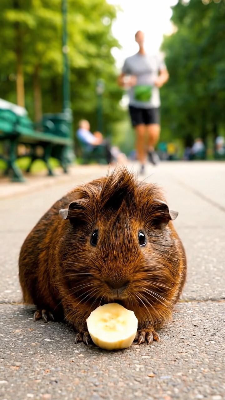 2108. Highly detailed scene of 1 smooth haired Coronet guinea pig with chocolate fur. nibbling on banana slices. on a vibrant city park pathway with benches and joggers passing by.
