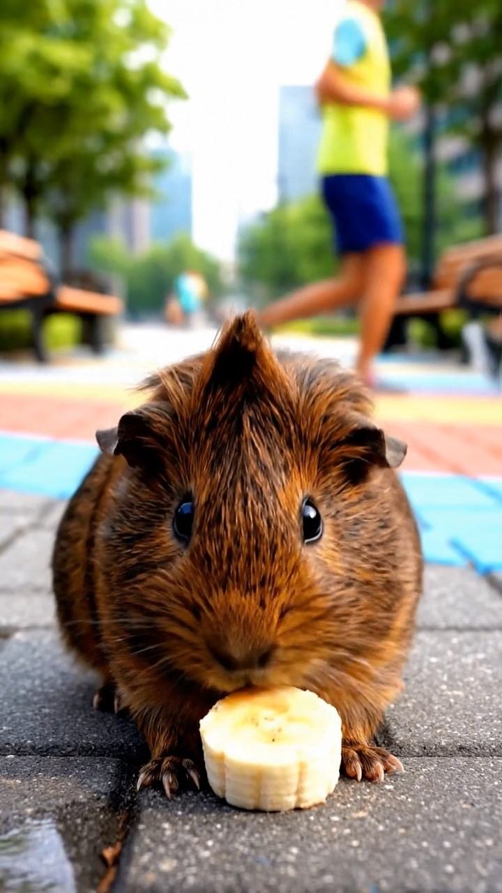 2108. Highly detailed scene of 1 smooth haired Coronet guinea pig with chocolate fur. nibbling on banana slices. on a vibrant city park pathway with benches and joggers passing by.