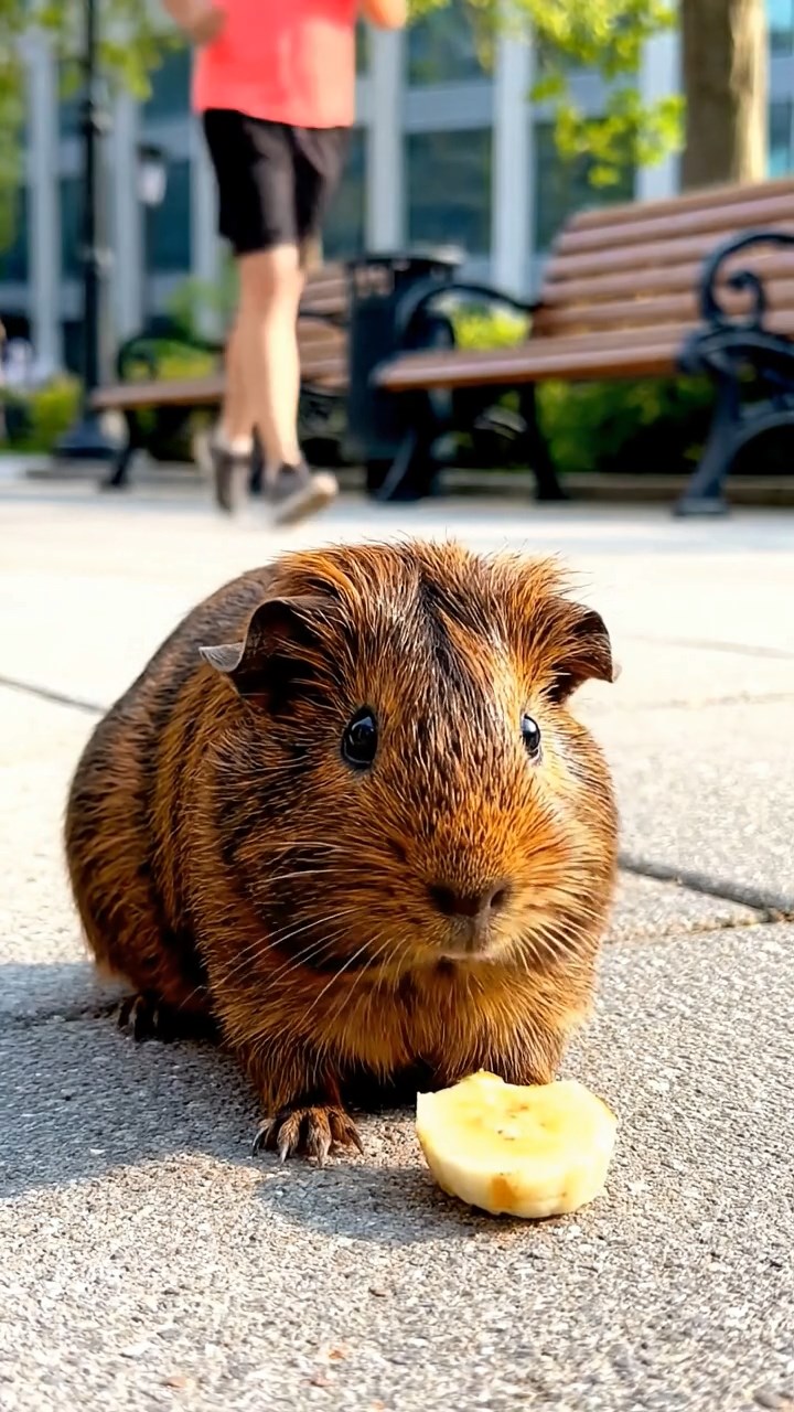 2108. Highly detailed scene of 1 smooth haired Coronet guinea pig with chocolate fur. nibbling on banana slices. on a vibrant city park pathway with benches and joggers passing by.