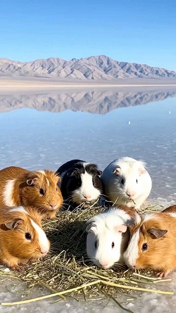 2109. Photorealistic photo of 4 smooth haired White Crested guinea pigs with cinnamon. sable. and white fur. eating alfalfa hay. in a surreal salt flat desert with mirrored reflections and distant mountains.