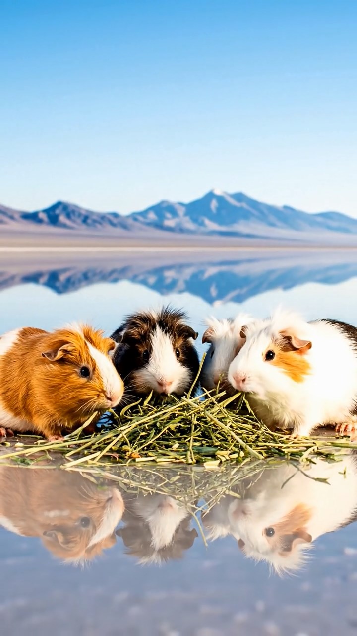 2109. Photorealistic photo of 4 smooth haired White Crested guinea pigs with cinnamon. sable. and white fur. eating alfalfa hay. in a surreal salt flat desert with mirrored reflections and distant mountains.