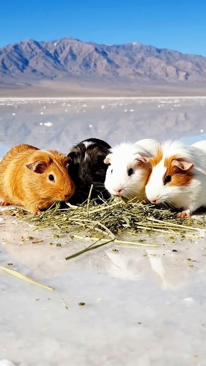 2109. Photorealistic photo of 4 smooth haired White Crested guinea pigs with cinnamon. sable. and white fur. eating alfalfa hay. in a surreal salt flat desert with mirrored reflections and distant mountains.