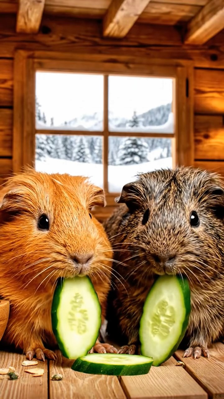 2110. Realistic depiction of 2 smooth haired Skinny guinea pigs in orange and gray colors. chewing on cucumber slices. inside a cozy alpine chalet with wooden beams and snow outside windows.