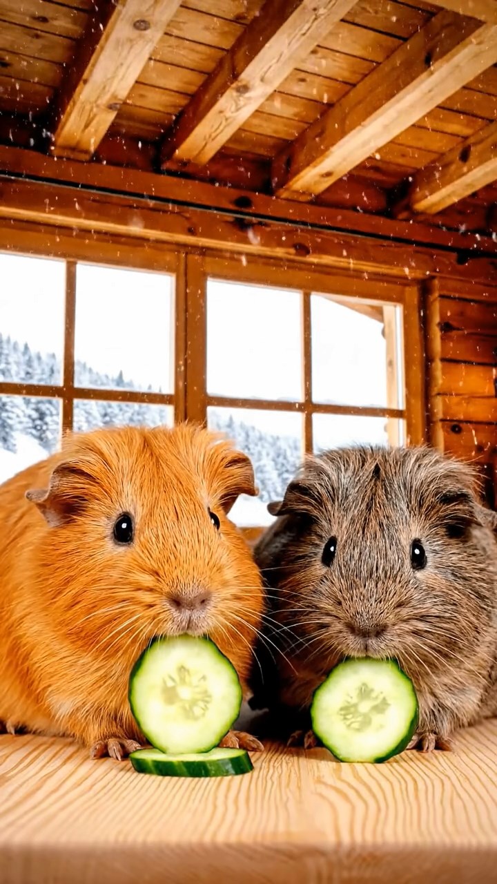 2110. Realistic depiction of 2 smooth haired Skinny guinea pigs in orange and gray colors. chewing on cucumber slices. inside a cozy alpine chalet with wooden beams and snow outside windows.