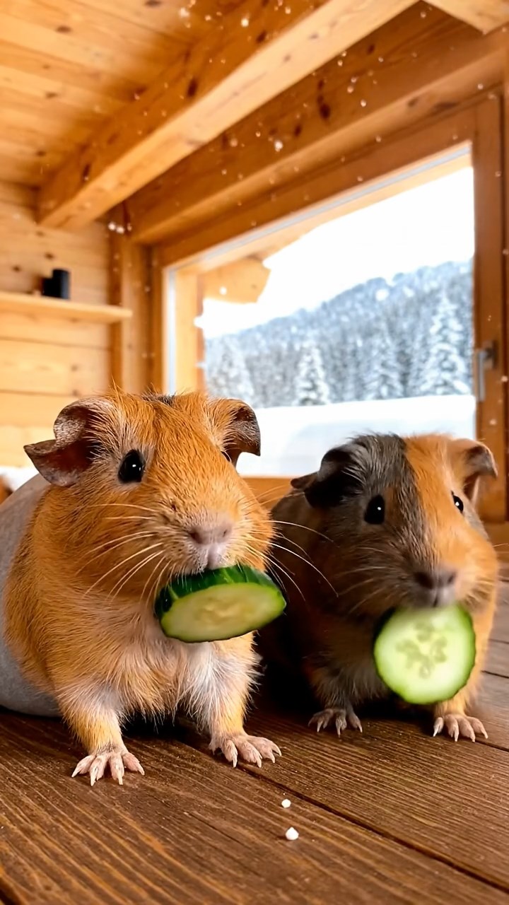 2110. Realistic depiction of 2 smooth haired Skinny guinea pigs in orange and gray colors. chewing on cucumber slices. inside a cozy alpine chalet with wooden beams and snow outside windows.