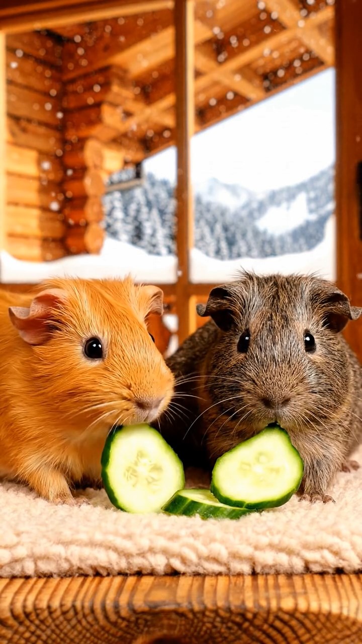 2110. Realistic depiction of 2 smooth haired Skinny guinea pigs in orange and gray colors. chewing on cucumber slices. inside a cozy alpine chalet with wooden beams and snow outside windows.
