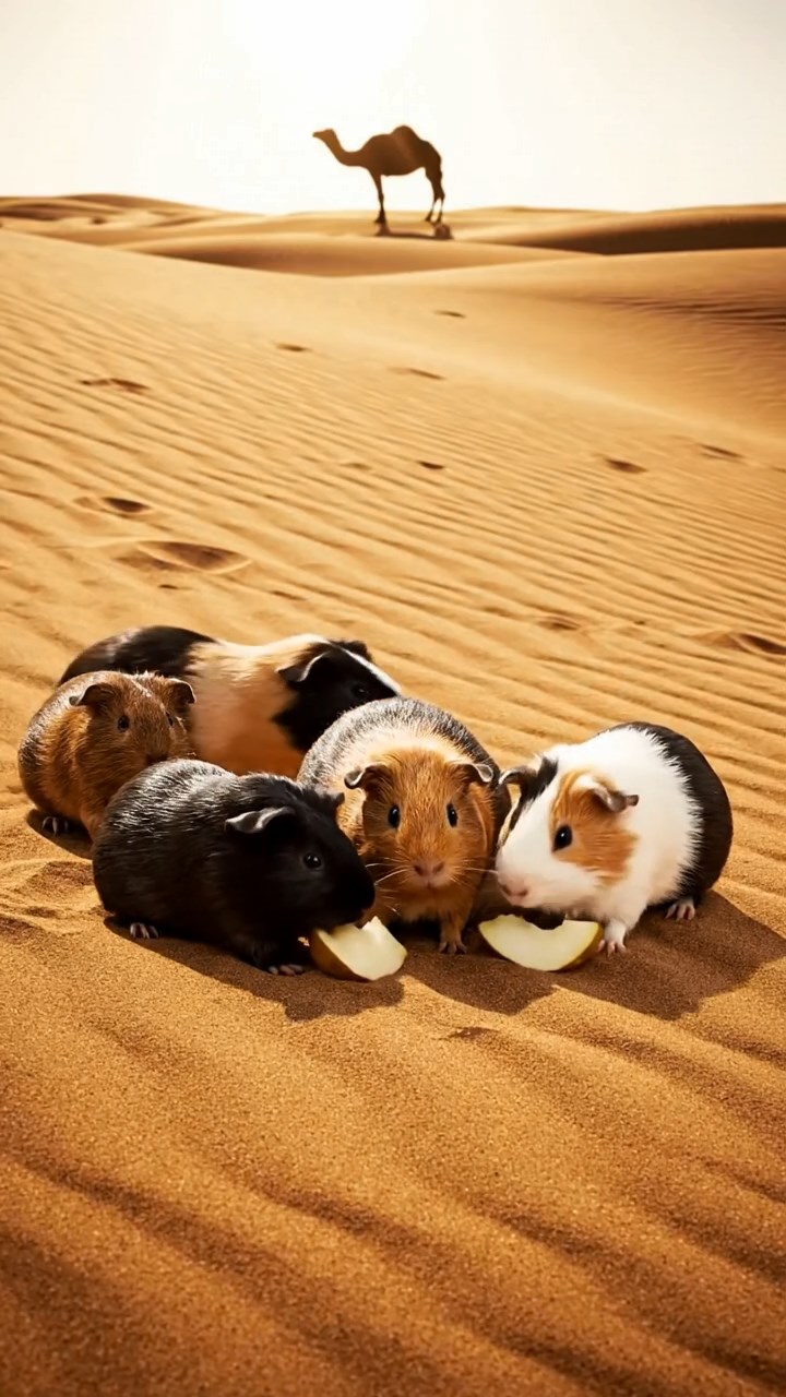 2111. Detailed realistic image of 5 smooth haired American guinea pigs with black. brown. and cream fur. sharing pear chunks. on a vast desert sand dune with rippling patterns and a camel silhouette.