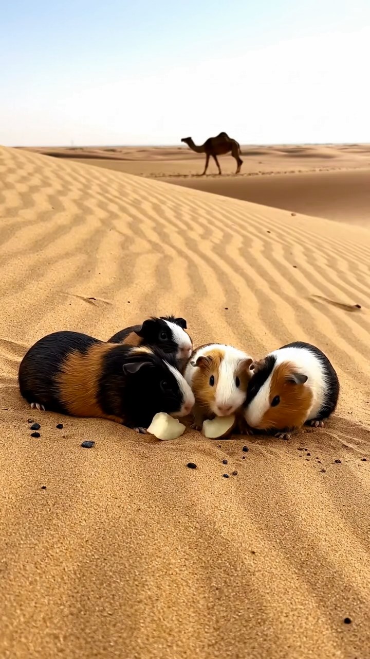 2111. Detailed realistic image of 5 smooth haired American guinea pigs with black. brown. and cream fur. sharing pear chunks. on a vast desert sand dune with rippling patterns and a camel silhouette.