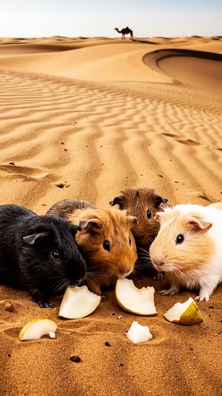 2111. Detailed realistic image of 5 smooth haired American guinea pigs with black. brown. and cream fur. sharing pear chunks. on a vast desert sand dune with rippling patterns and a camel silhouette.
