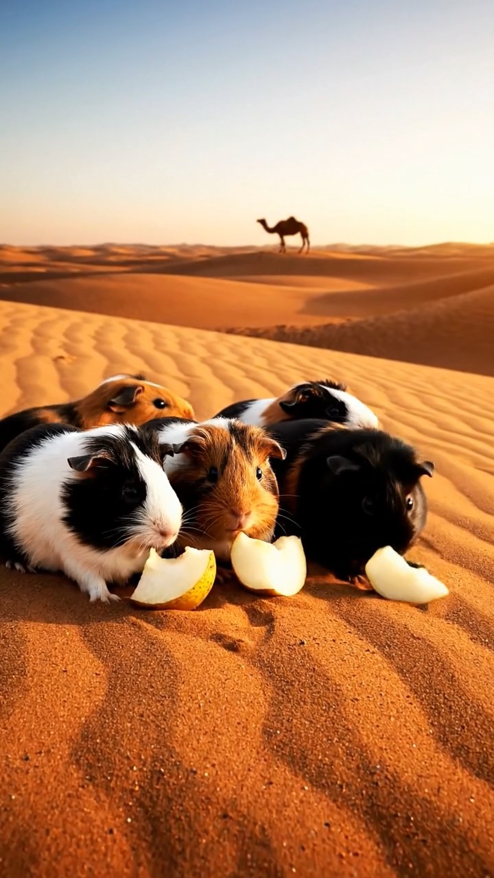 2111. Detailed realistic image of 5 smooth haired American guinea pigs with black. brown. and cream fur. sharing pear chunks. on a vast desert sand dune with rippling patterns and a camel silhouette.
