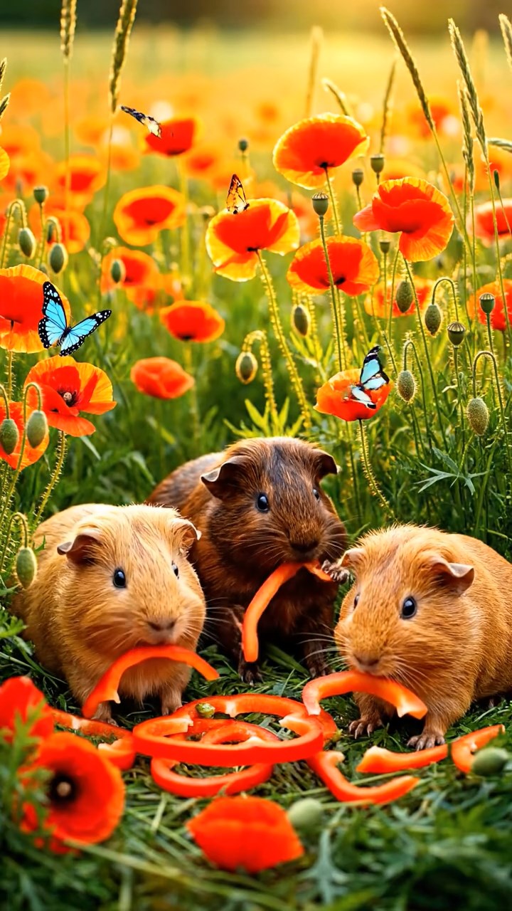 2112. Photorealistic scene of 3 smooth haired Abyssinian guinea pigs featuring fawn. chocolate. and cinnamon coats. munching on bell pepper strips. in a sunlit poppy field meadow with butterflies and gentle breezes.