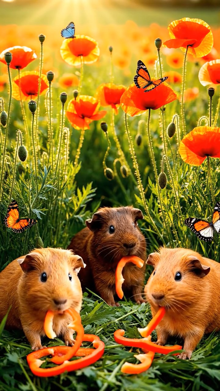 2112. Photorealistic scene of 3 smooth haired Abyssinian guinea pigs featuring fawn. chocolate. and cinnamon coats. munching on bell pepper strips. in a sunlit poppy field meadow with butterflies and gentle breezes.