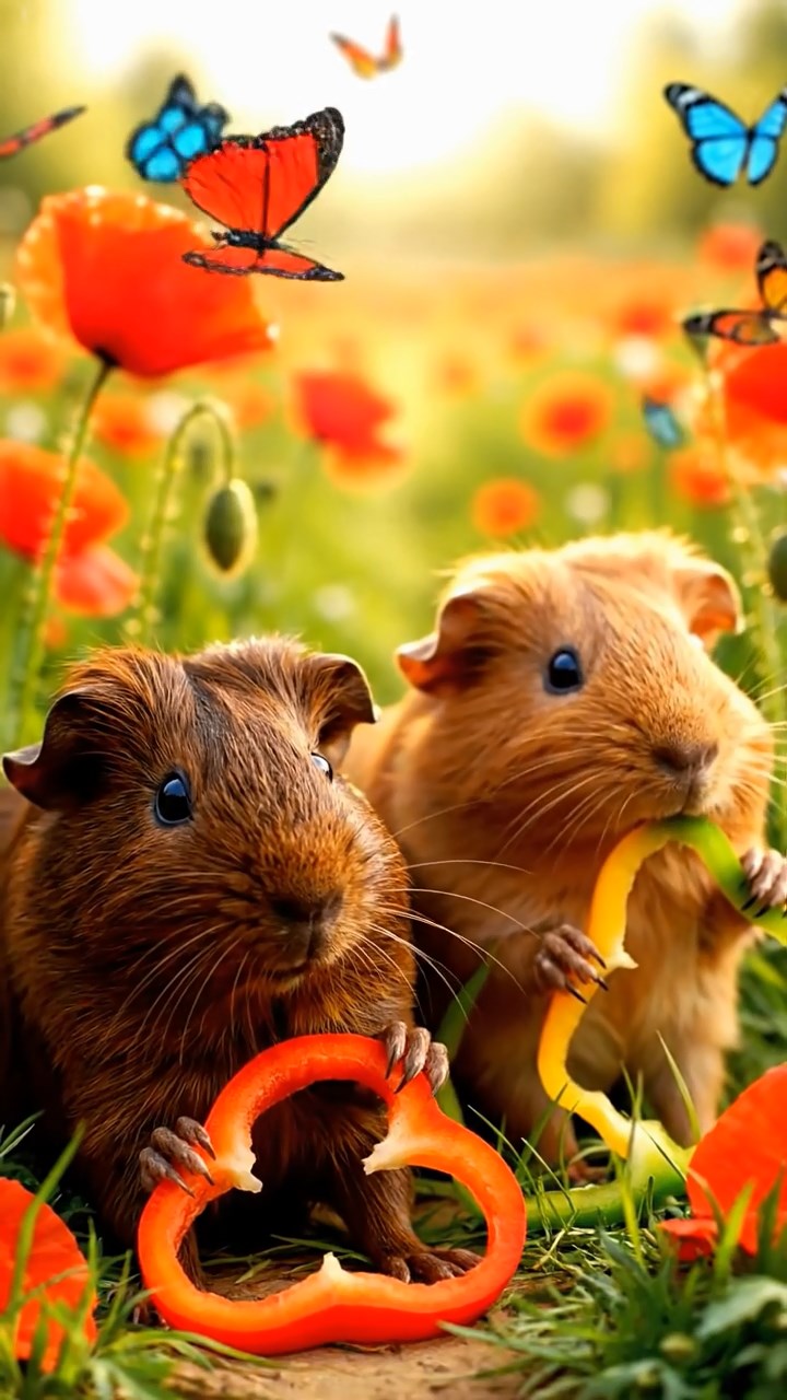 2112. Photorealistic scene of 3 smooth haired Abyssinian guinea pigs featuring fawn. chocolate. and cinnamon coats. munching on bell pepper strips. in a sunlit poppy field meadow with butterflies and gentle breezes.