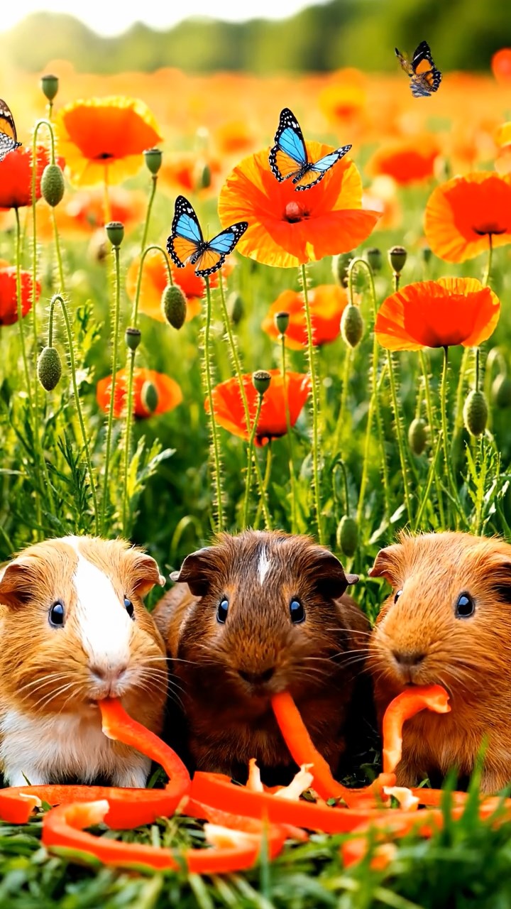 2112. Photorealistic scene of 3 smooth haired Abyssinian guinea pigs featuring fawn. chocolate. and cinnamon coats. munching on bell pepper strips. in a sunlit poppy field meadow with butterflies and gentle breezes.