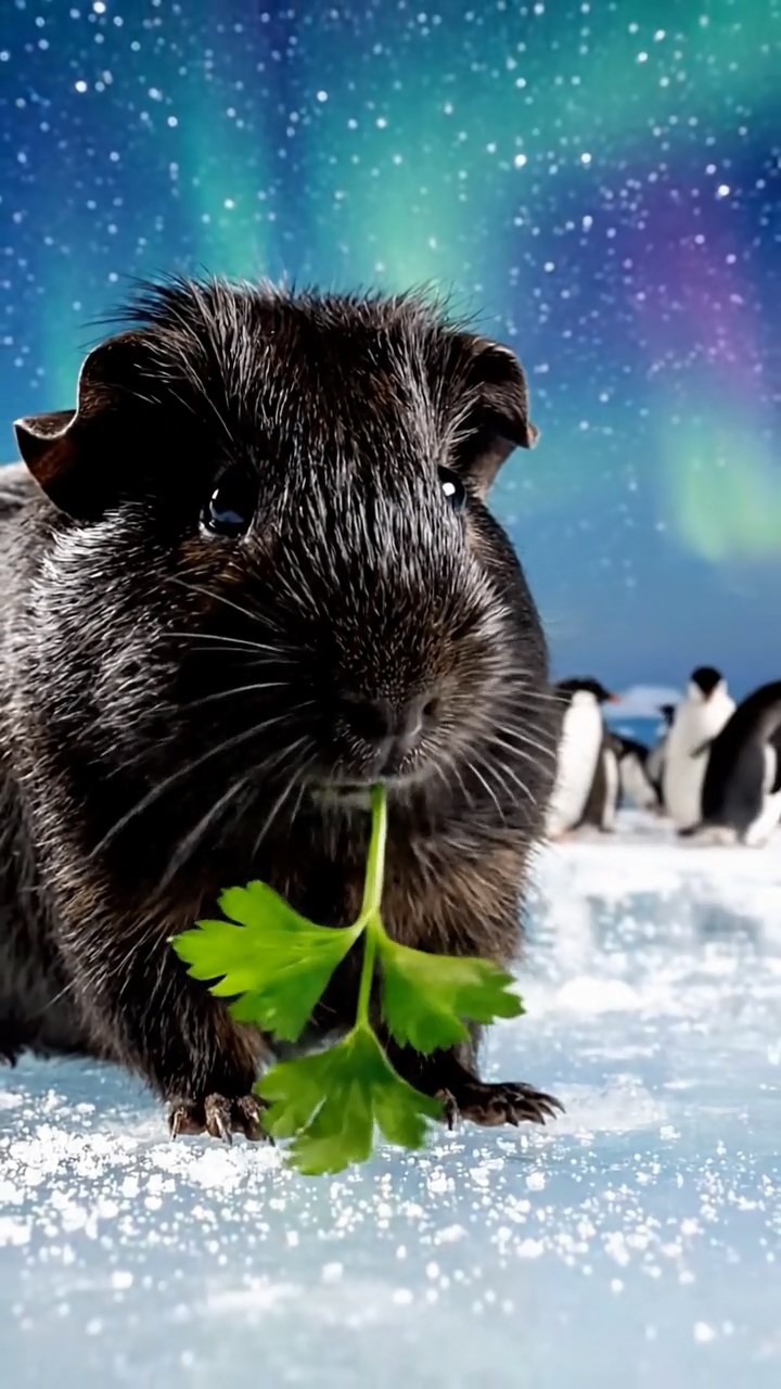 2113. Realistic photo of 1 smooth haired Peruvian guinea pig with sable fur. eating fresh parsley. on a icy polar ice shelf with penguins in the background and aurora skies.