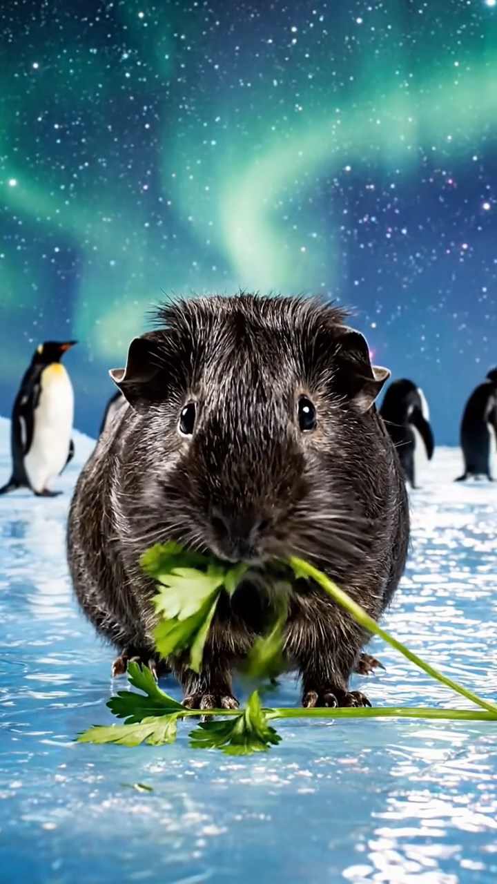 2113. Realistic photo of 1 smooth haired Peruvian guinea pig with sable fur. eating fresh parsley. on a icy polar ice shelf with penguins in the background and aurora skies.