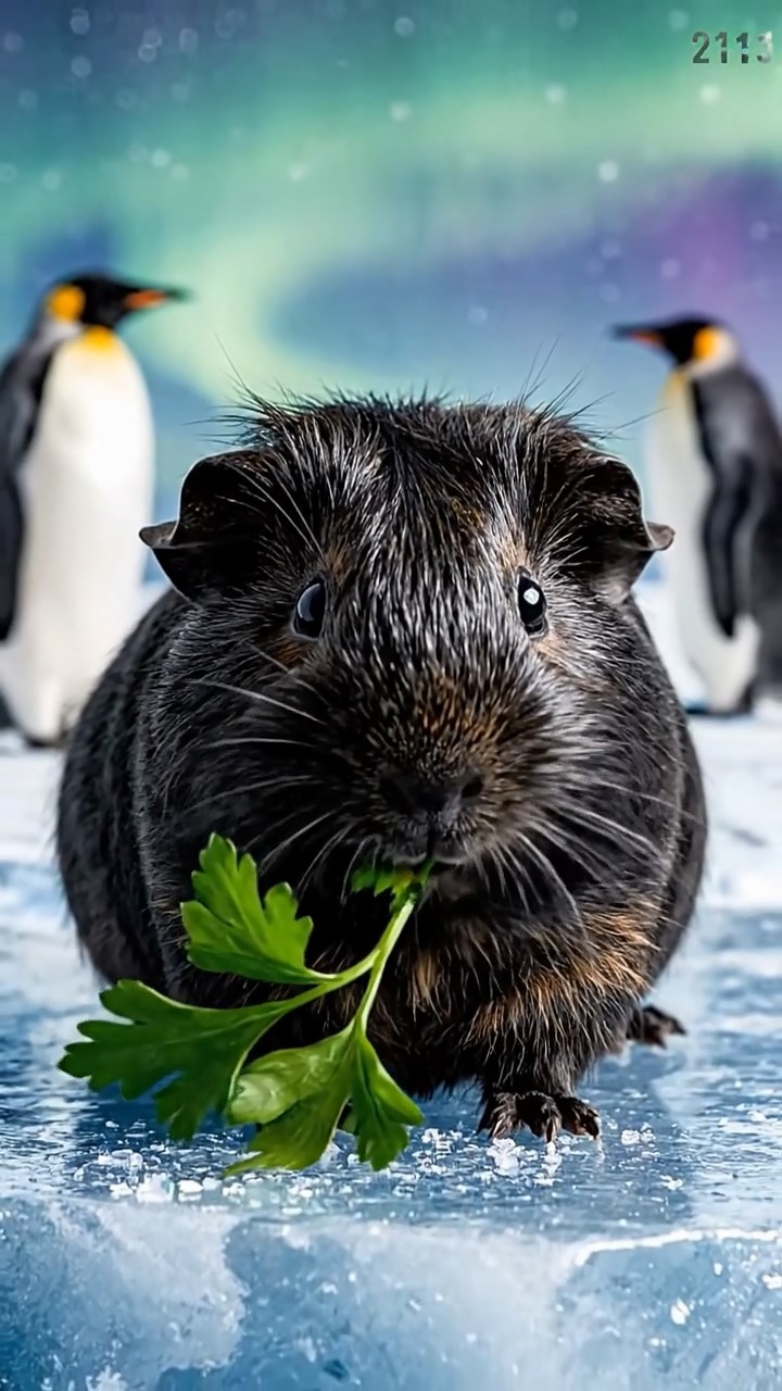 2113. Realistic photo of 1 smooth haired Peruvian guinea pig with sable fur. eating fresh parsley. on a icy polar ice shelf with penguins in the background and aurora skies.