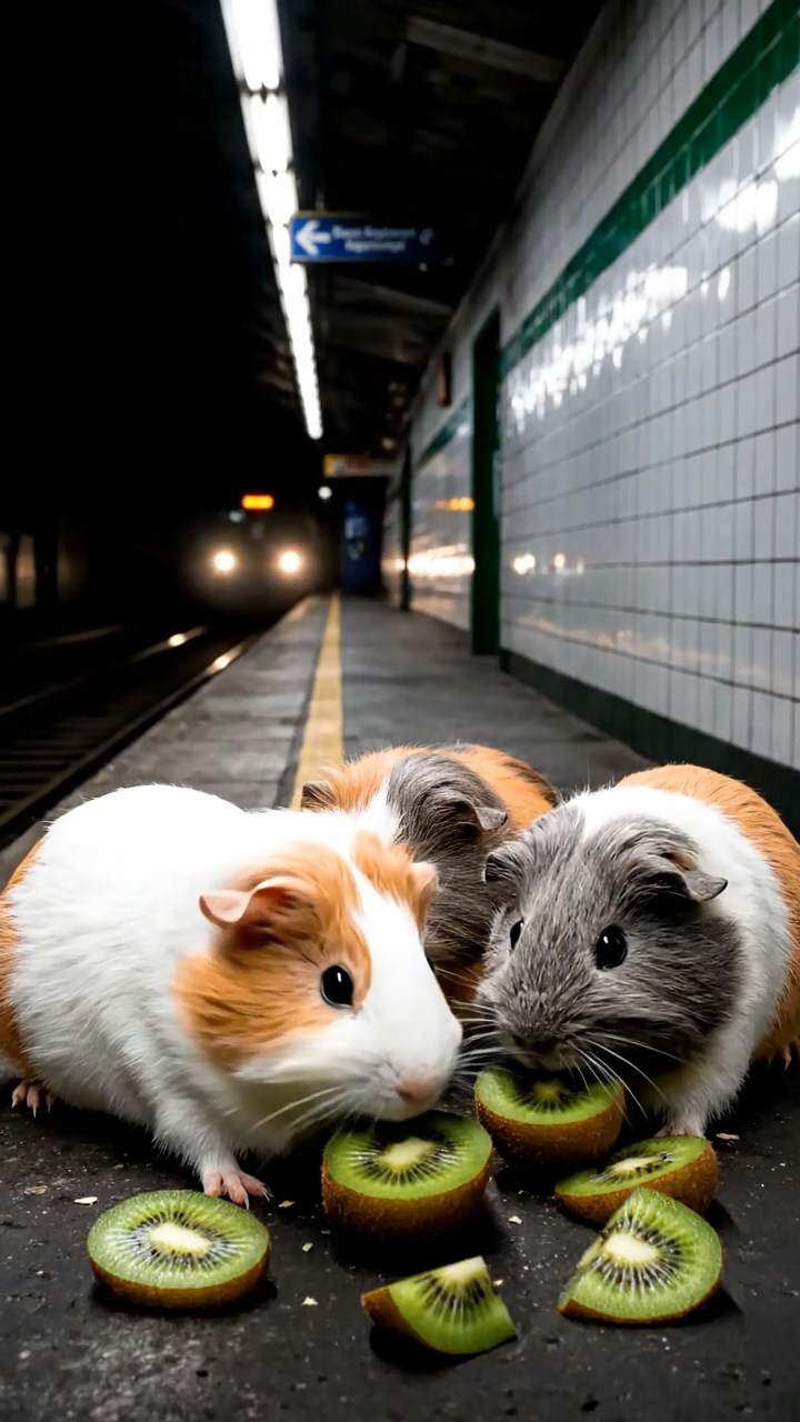 2114. Highly detailed view of 4 smooth haired Silkie guinea pigs with white. orange. and gray fur. nibbling on kiwi fruit. in a dimly lit subway station platform with tiled walls and arriving trains.