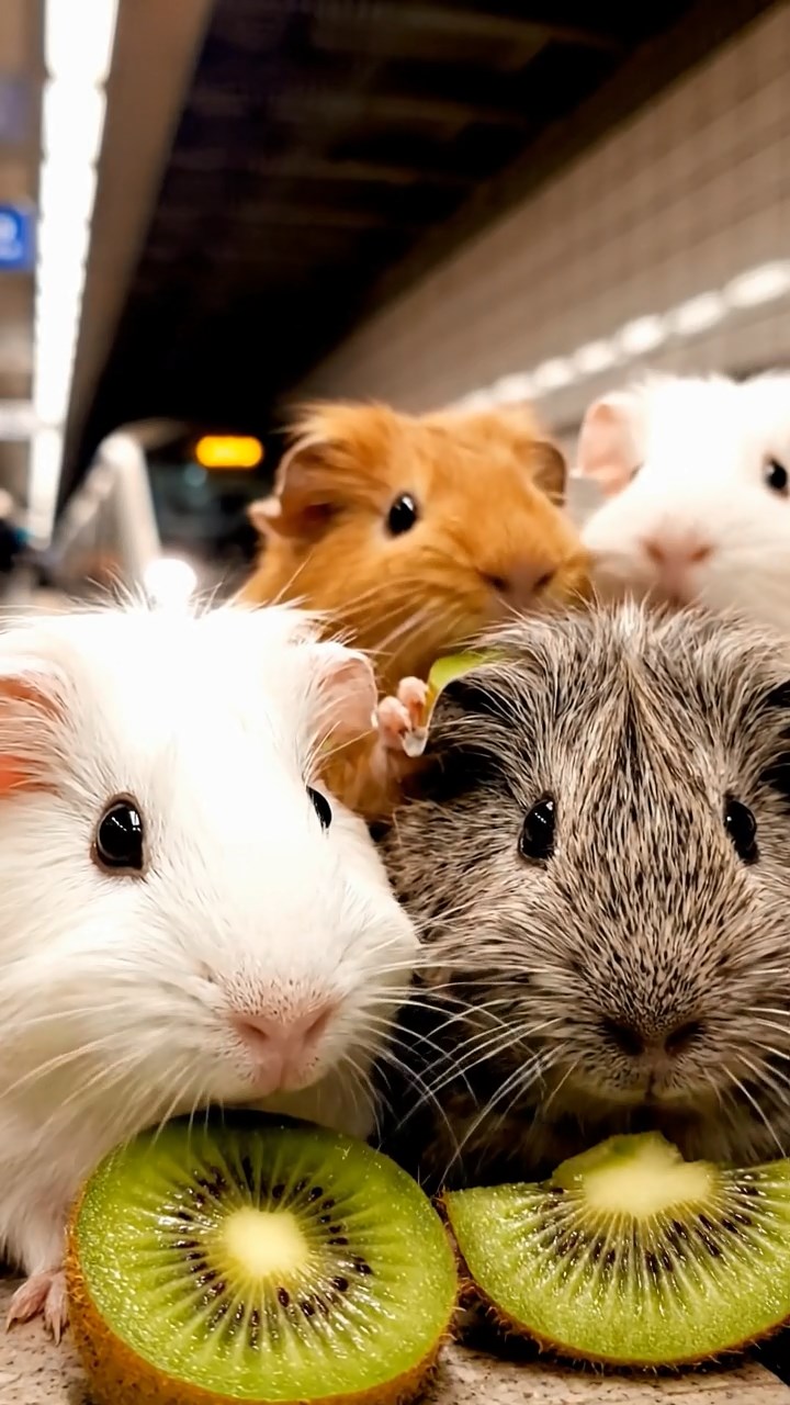 2114. Highly detailed view of 4 smooth haired Silkie guinea pigs with white. orange. and gray fur. nibbling on kiwi fruit. in a dimly lit subway station platform with tiled walls and arriving trains.