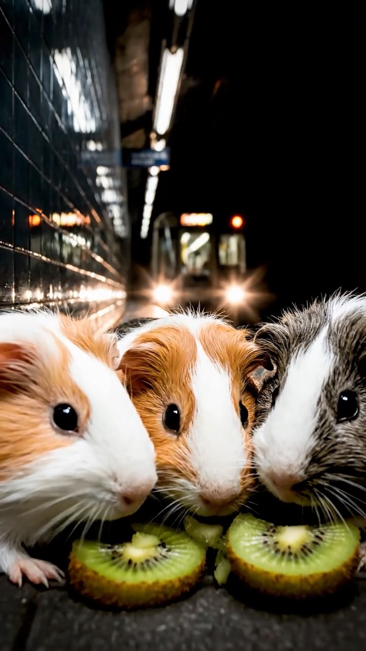 2114. Highly detailed view of 4 smooth haired Silkie guinea pigs with white. orange. and gray fur. nibbling on kiwi fruit. in a dimly lit subway station platform with tiled walls and arriving trains.